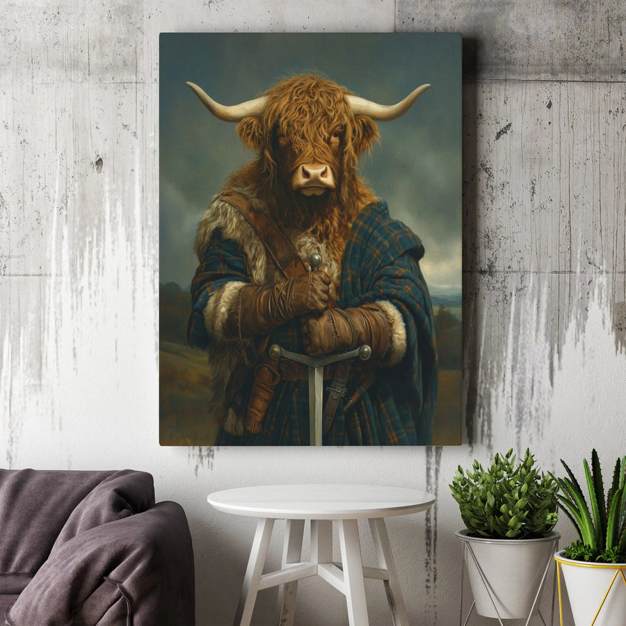 Highland Cow Canvas Print | Scottish Warrior Knight with Sword | Premium Gallery Wrap Wall Art | Unique Home Decor Gift