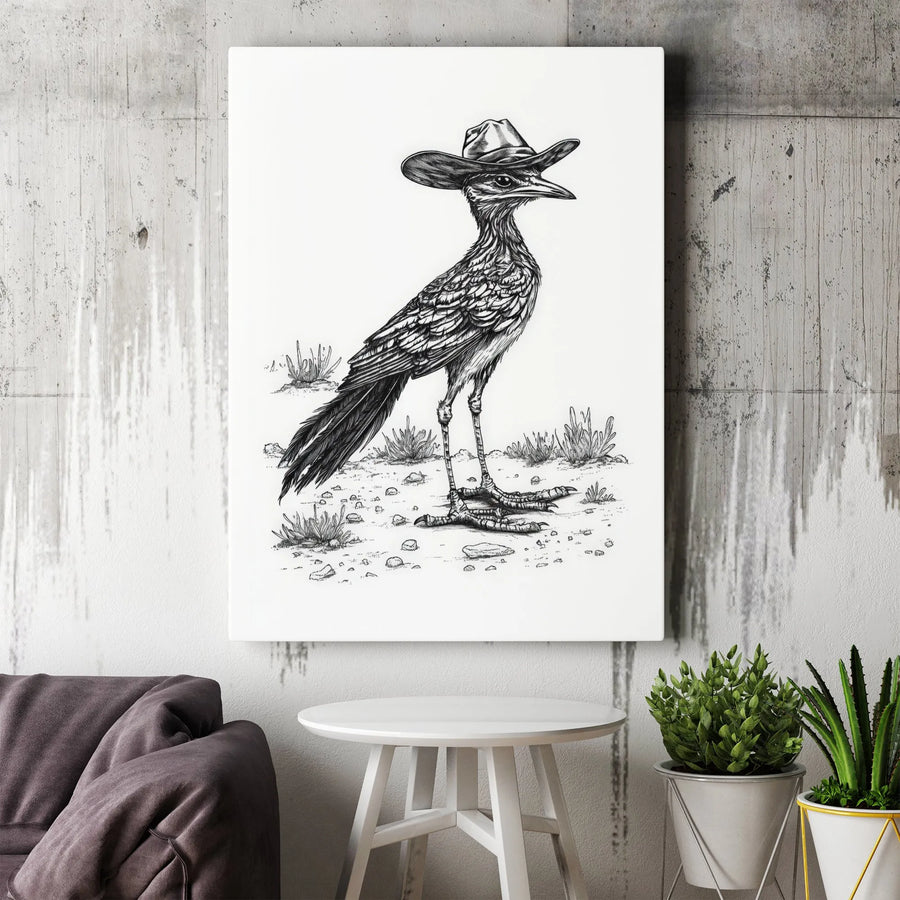 Roadrunner with Cowboy Hat Canvas Art | Western Bird Sketch Print | Premium Gallery Wrapped Canvas | Unique Southwestern Home Decor Gift