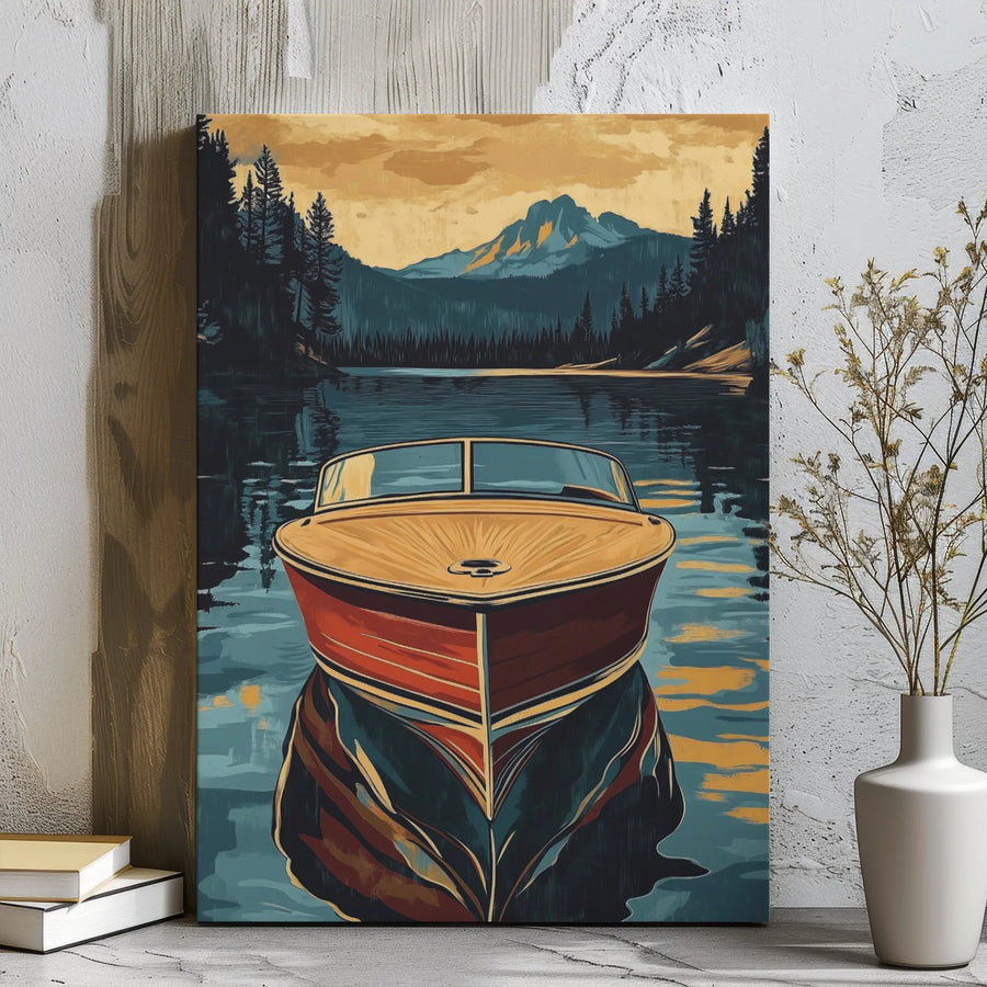 Vintage Wooden Boat Canvas Wall Art | Serene Mountain Lake Landscape | Gallery Wrap 1.25 Inch Wood Frame | Nature Lover Home Office Decor Gift