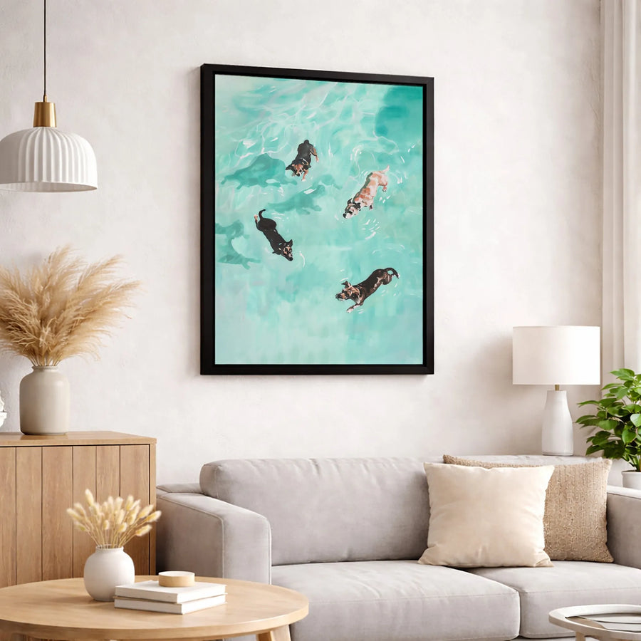 Dogs Swimming In Pool Canvas Print | Aerial Dog Art Wall Decor | 1.25-Inch Gallery Wrap | Premium Pet Lover Gift Home Office Wall Art