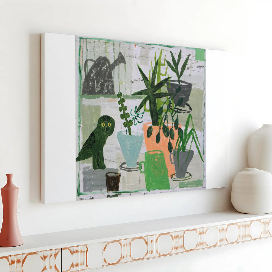 Quirky Owl and Plants Canvas Print | Modern Naive Style Painting | Thick Gallery Wrap Canvas | Modern Home Decor Gift