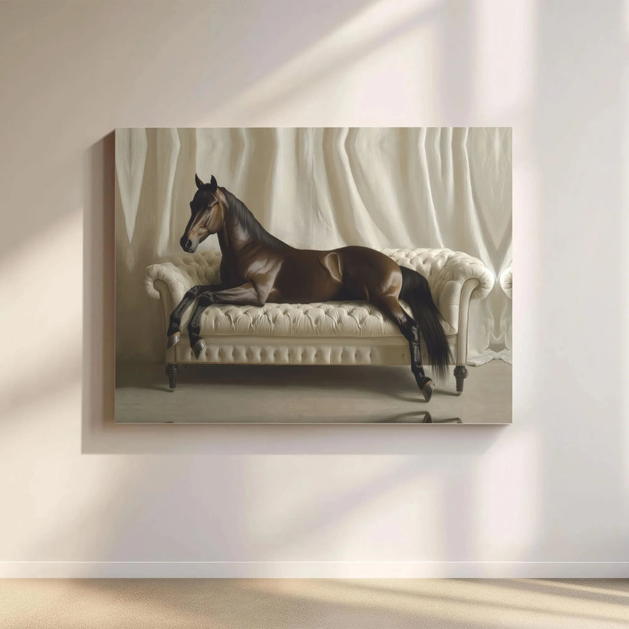 Horse On Fainting Couch Wall Art | Surreal Equestrian Home Decor | Premium Gallery Wrapped Canvas | Whimsical Animal Lover Gift