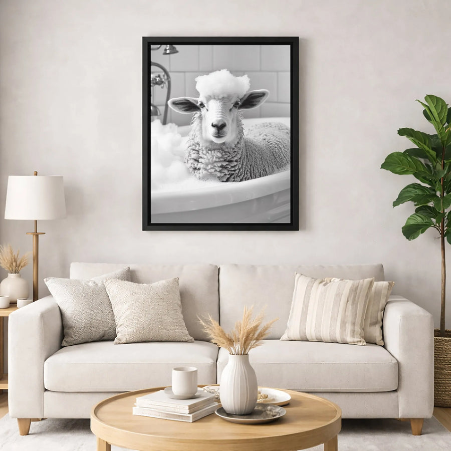Funny Sheep Bubble Bath Wall Art | Black And White Farmhouse Bathroom Decor | Premium Gallery Wrapped Canvas | Quirky Animal Portrait Gift