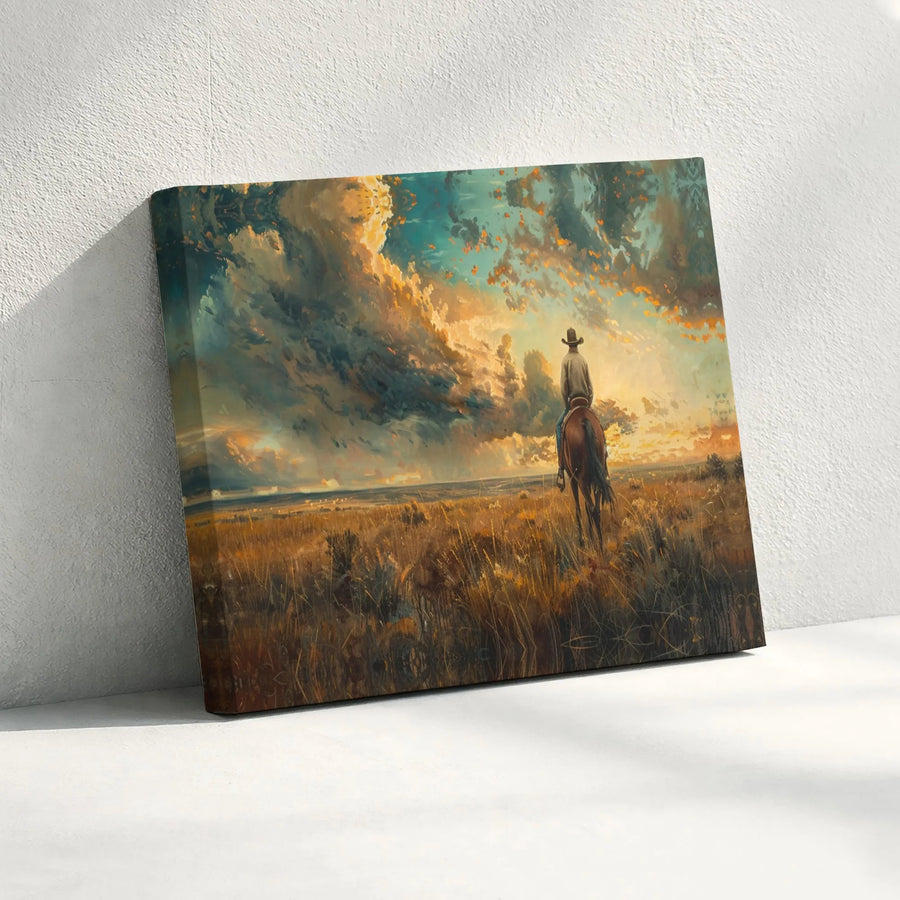 Lone Cowboy Canvas Art | Western Prairie Sunset Landscape | 1.25 Inch Gallery Wrap | Rustic Home Decor Wall Print