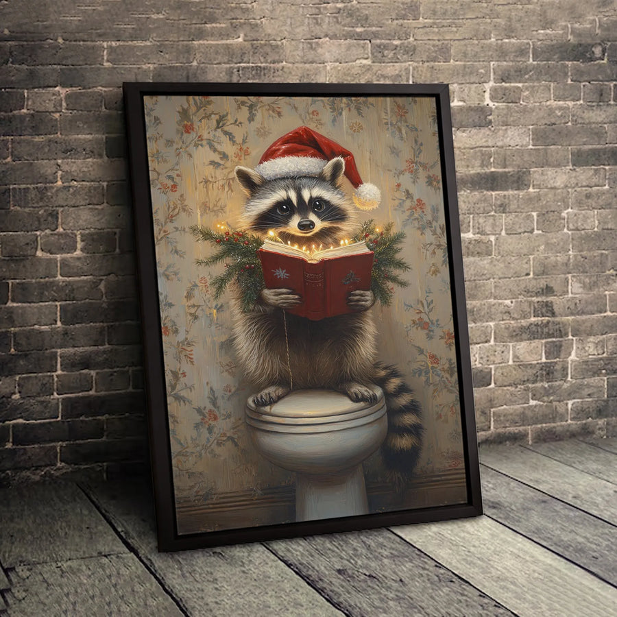 Christmas Raccoon Wall Art | Funny Santa Hat Reading on Toilet Print | Premium Gallery Wrap Canvas | Whimsical Holiday Bathroom Decor Gift
