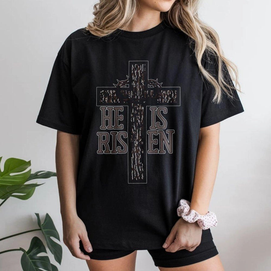 He Is Risen T-Shirt | Rustic Cross Crown of Thorns Graphic | 100% Cotton Premium Tee | Christian Easter Gift for Men and Women