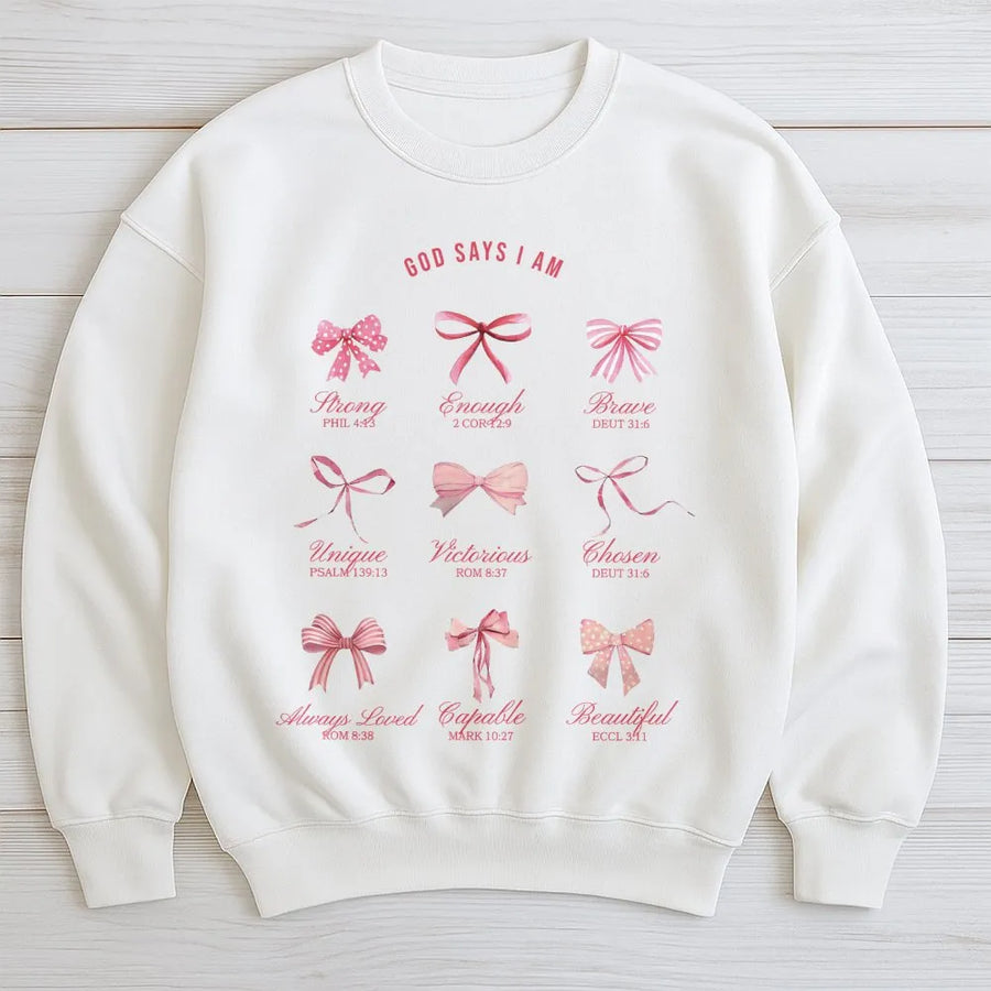 God Says I Am Sweatshirt | Christian Coquette Aesthetic Bow Design | Soft Cotton Blend | Faith-Based Inspirational Gift For Women