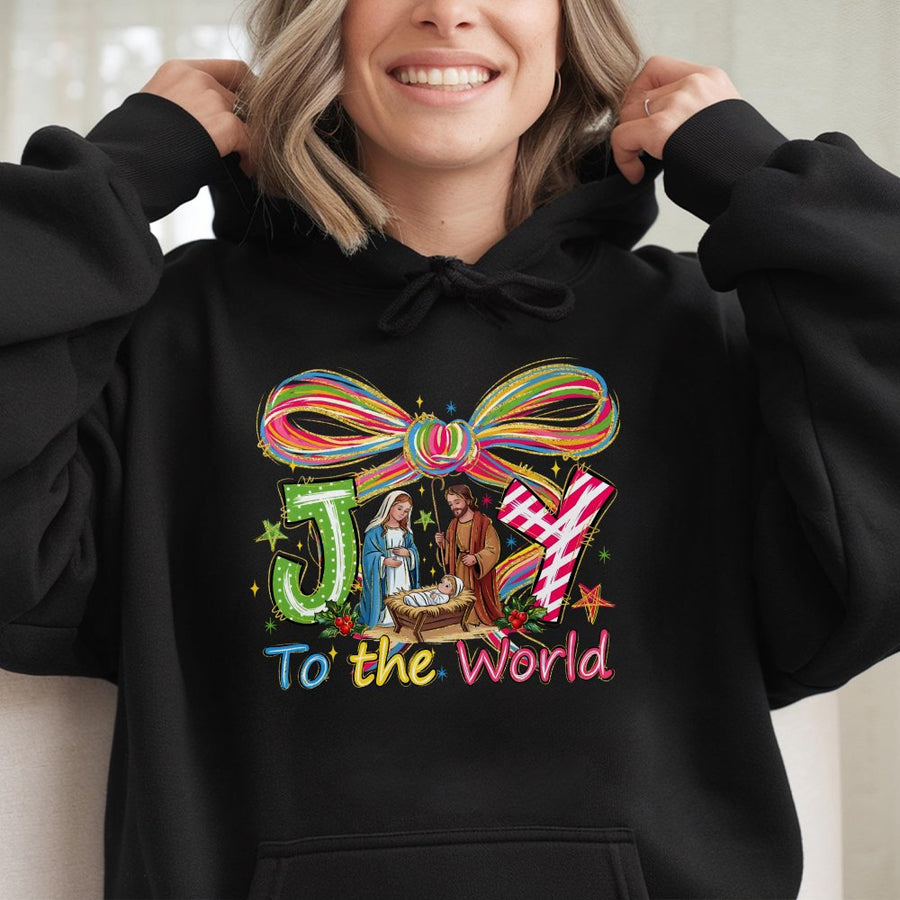 Joy To The World Hoodie | Preppy Christian Nativity Scene | Soft Cotton-Polyester Blend | Festive Religious Christmas Gift For Her