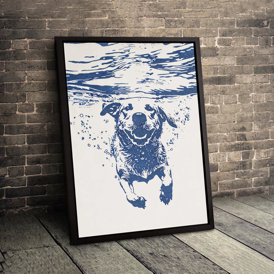 Swimming Dog Canvas Wall Art | Blue Underwater Dog Portrait | 1.25-Inch Thick Premium Gallery Wrap | Modern Animal Decor Gift For Dog Lovers