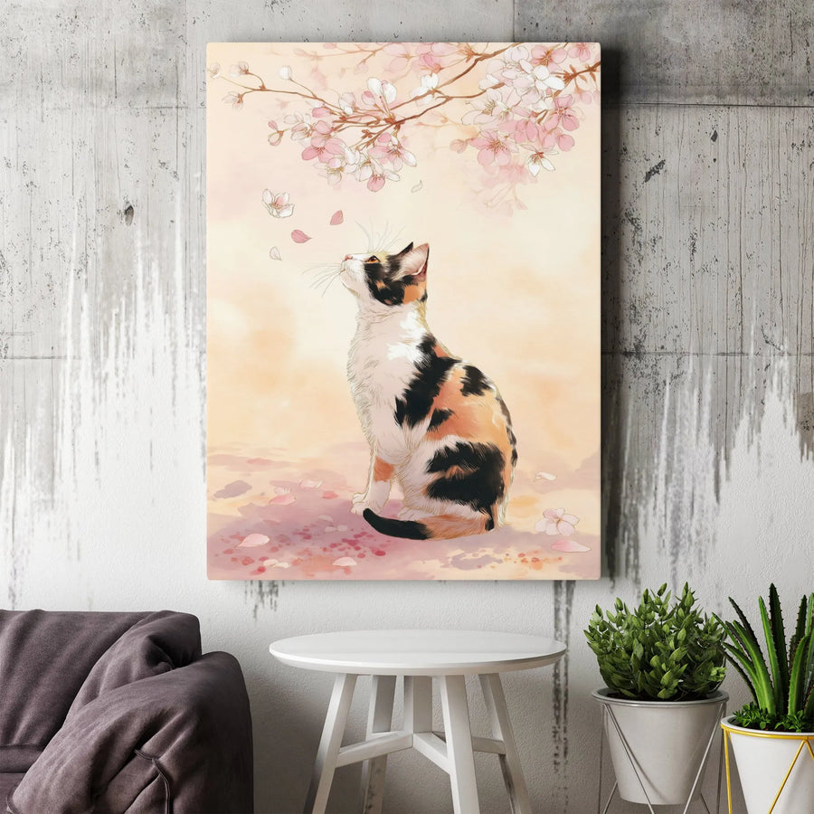 Calico Cat Canvas Wall Art | Watercolor Cherry Blossom Print | Premium Gallery Wrap Decor | Gift for Cat Lovers