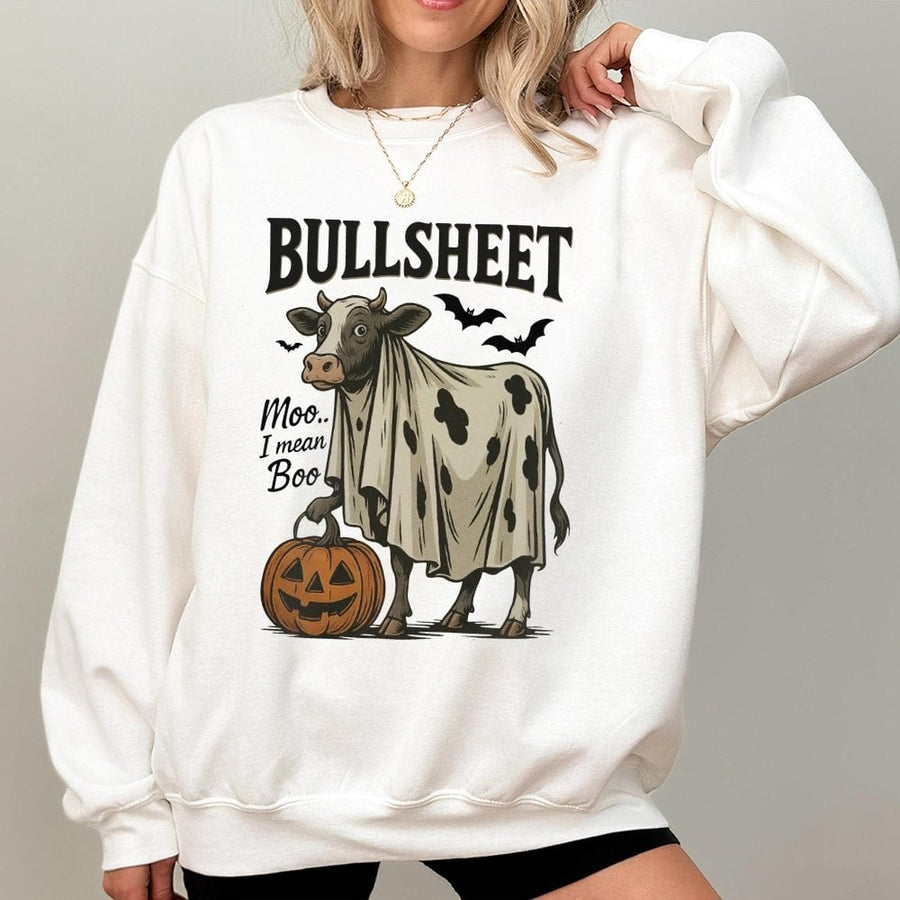 Halloween Bullsheet Sweatshirt | Funny Cow Ghost Pumpkin Costume | Cotton Blend Cozy Crewneck | Unique Fall Gift For Cow Lovers