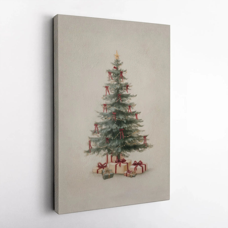 Vintage Christmas Tree Canvas Art | Watercolor Holiday Decor with Red Ribbons | Premium Gallery Wrap Print | Festive Wall Decor for Living Room