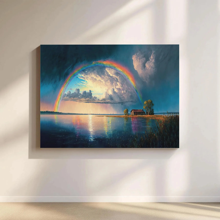 Rainbow Lake Landscape Canvas Art | Stormy Sky Cabin Wall Decor | Premium 1.25-Inch Gallery Wrap | Serene Nature Print for Living Room Home Office