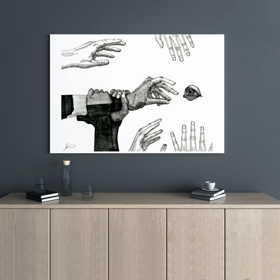Surreal Hands Canvas Art | Black and White Ink Sketch Wall Decor | Gallery Wrapped Premium Print | Modern Aesthetic Home and Office Gift