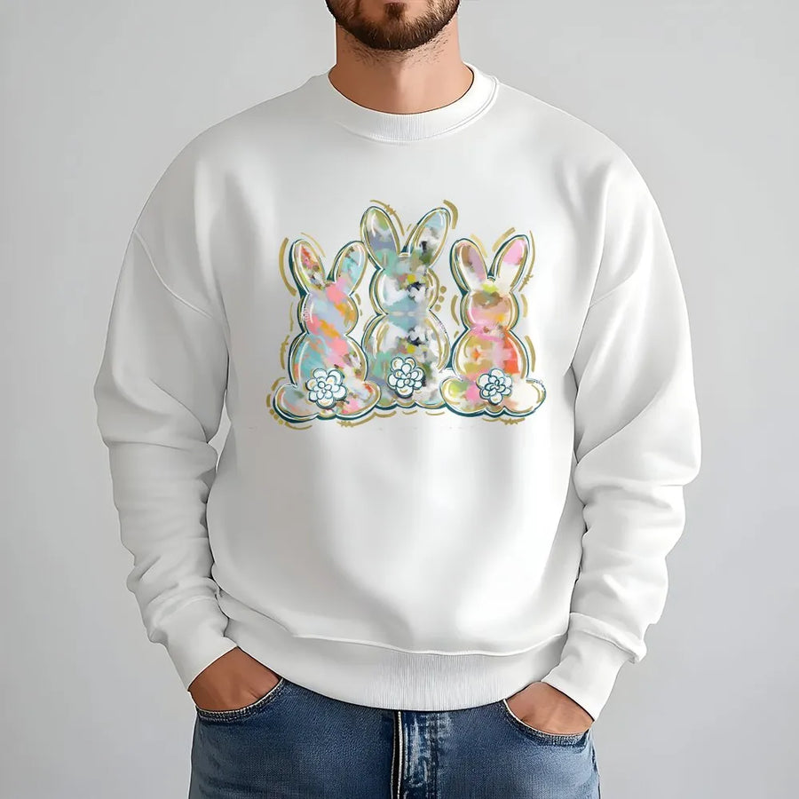 Easter Bunny Sweatshirt | Watercolor Brushstroke Trio Graphic | Soft Cotton Blend | Cute Spring Holiday Gift for Women & Teens