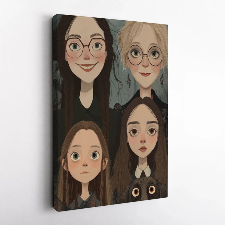 Whimsical Family Portrait Canvas | Quirky Gothic Cartoon Art with Pet Dog | Premium Gallery Wrap Canvas | Unique Living Room Wall Decor Gift