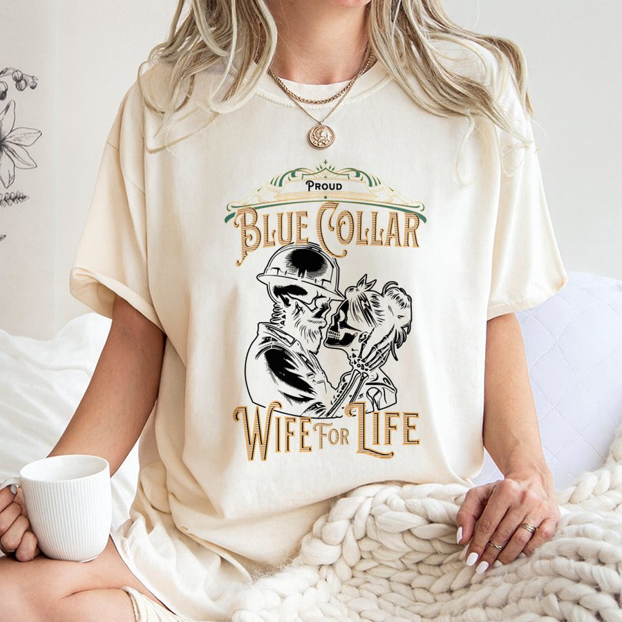 Blue Collar Wife T-Shirt | Skeleton Couple Construction Design | Premium 100% Cotton Tee | Gift for Tradesman Wife, Construction Couple Apparel
