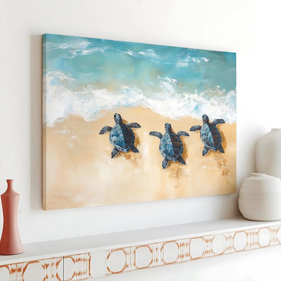 Sea Turtle Canvas Wall Art | Three Turtles on Beach Painting | Premium Gallery Wrapped Canvas | Coastal Home Decor Gift