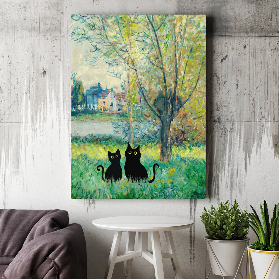 Black Cat Canvas Wall Art | Impressionist Landscape Painting Style | 1.25" Premium Gallery Wrapped Profile | Unique Gift for Cat Lovers