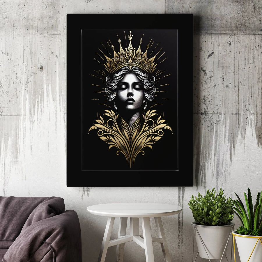 Regal Queen Wall Art | Gold Crown Ornate Portrait Canvas | Premium Gallery Wrapped Print | Sophisticated Home Decor Gift