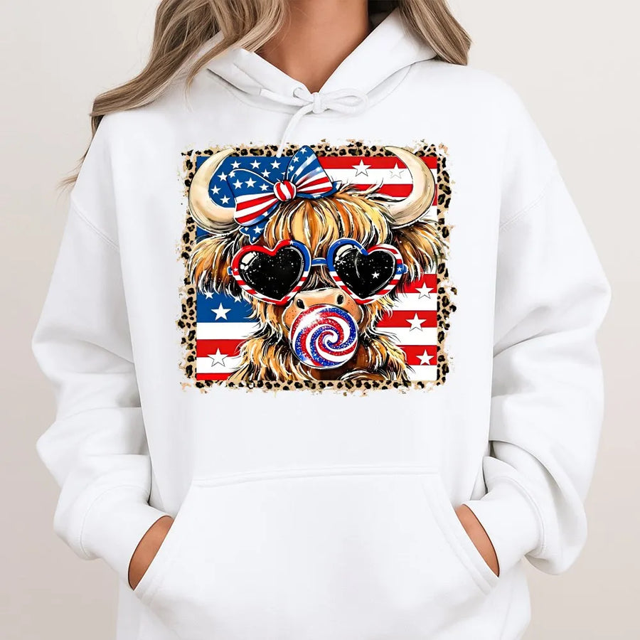 Highland Cow 4th of July Hoodie | Leopard Print American Flag Graphic | Premium Cotton Blend | Patriotic Western Gift for Women