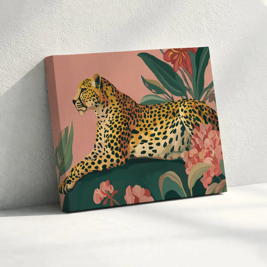Leopard Canvas Wall Art | Tropical Jungle Cat & Floral Painting | Premium 1.25" Thick Canvas | Boho Bedroom Decor Gift for Her