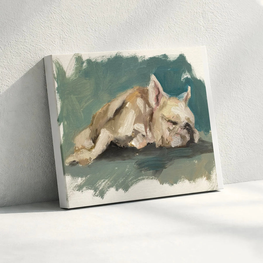 Sleeping French Bulldog Canvas Wall Art | Impressionist Dog Painting Print | Premium Thick Profile Canvas | Gift for Frenchie Mom & Dog Lovers