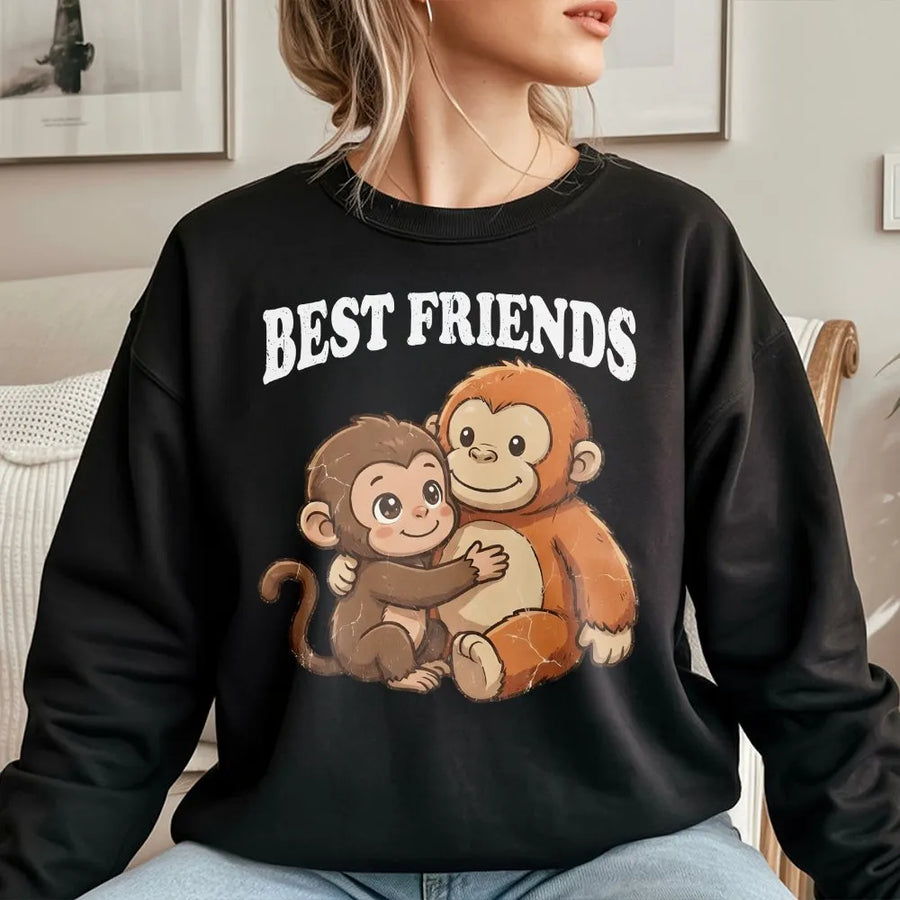 Best Friends Monkey Sweatshirt | Cute Hugging Animal Graphic | Premium Cotton Blend | Matching Couples Gift for Animal Lovers