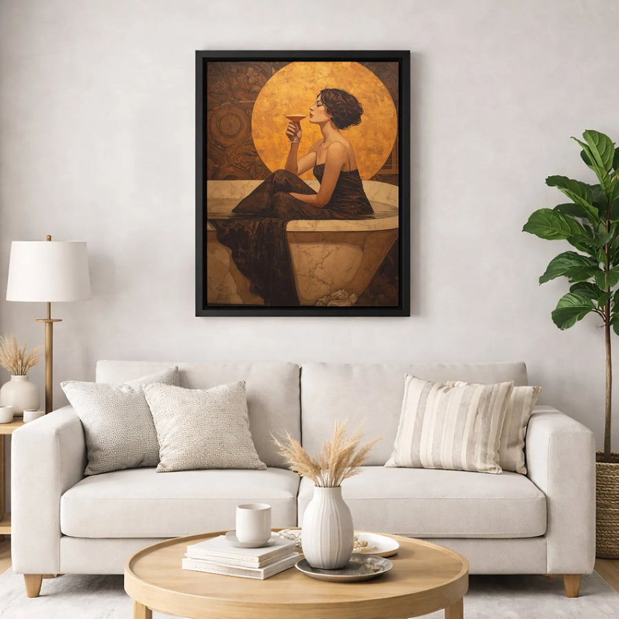Art Nouveau Woman Bathtub Canvas Art | Elegant Gold Cocktail Portrait | 1.25-Inch Gallery Wrap | Sophisticated Home Decor Gift