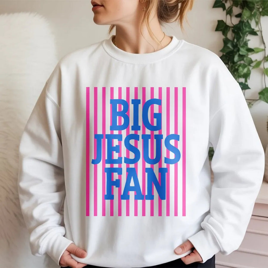 Big Jesus Fan Sweatshirt | Preppy Striped Christian Graphic | Cotton Blend Comfort | Trendy Religious Gift for Faith Enthusiasts