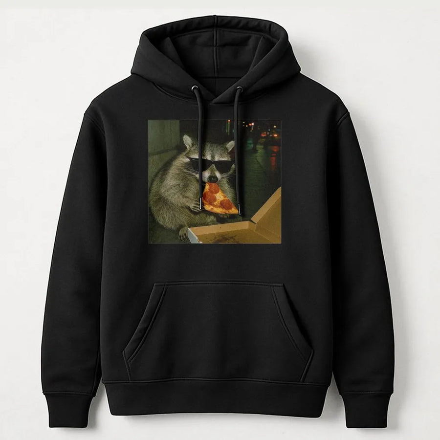 Funny Raccoon Hoodie | Cool Raccoon Wearing Sunglasses Eating Pizza Design | Premium Cotton Blend | Sarcastic Animal Meme Gift For Men And Women