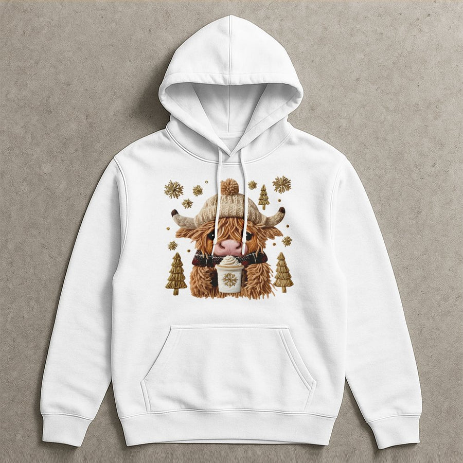Highland Cow Christmas Hoodie | Festive Faux Embroidery Graphic | Premium Cotton Blend | Cozy Holiday Gift for Her