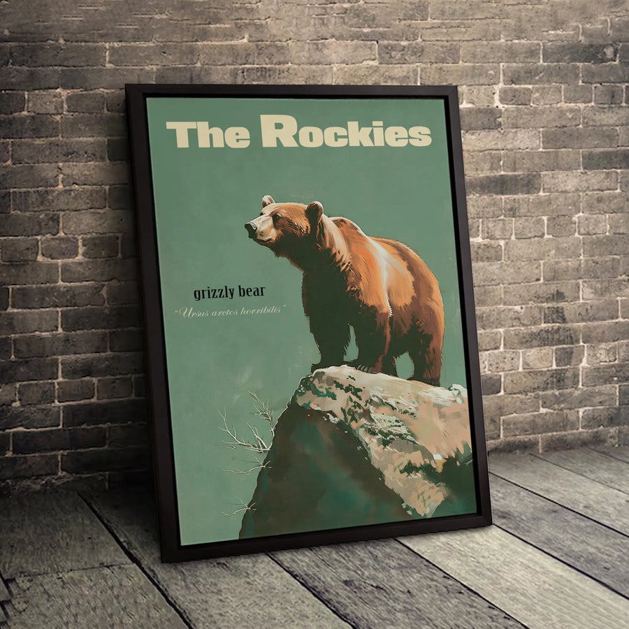 Grizzly Bear Wall Art | The Rockies Vintage National Park Poster | Premium Gallery Wrapped Canvas | Wildlife Nature Lover Gift