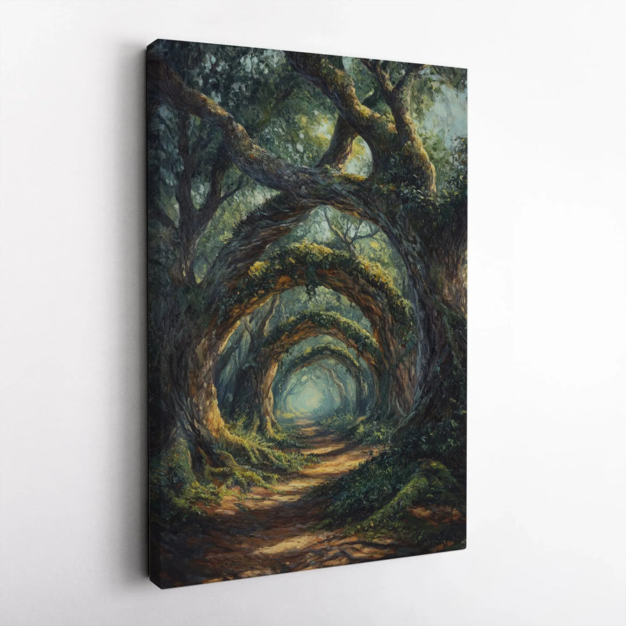 Enchanted Forest Path Vertical Canvas | Fantasy Woodland Wall Art with Ancient Tree Tunnel Painting | Premium Gallery Wrapped Print | Nature Lover Gift
