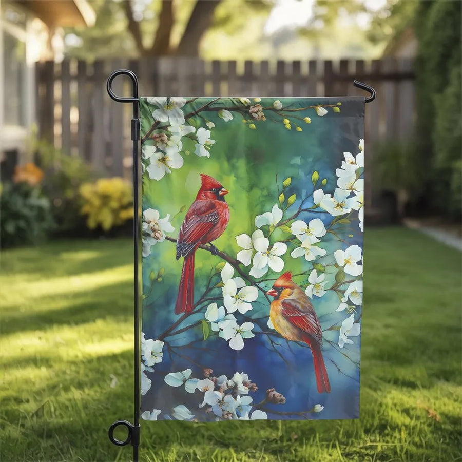 Cardinal Garden Flag | Double Sided Watercolor Bird Print | Weather Resistant Polyester | Spring Yard Decor Gift for Bird Lovers