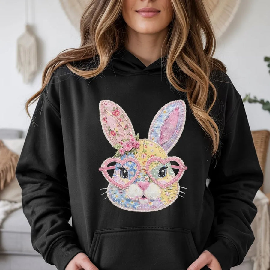 Floral Easter Bunny Hoodie | Patchwork Heart Glasses Design | Premium Cotton Blend | Gift for Spring Seasonal Style