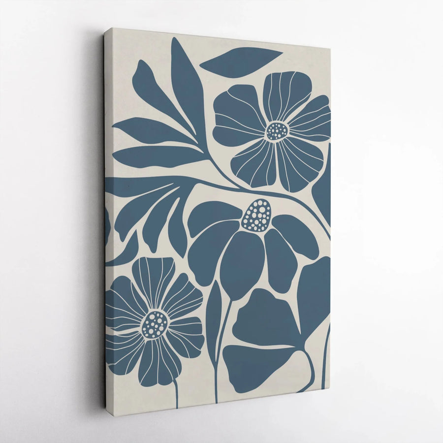 Blue Floral Botanical Canvas Wall Art | Mid-Century Modern Minimalist Print | Premium Fade-Resistant Gallery Wrap | Elegant Home & Office Decor Gift