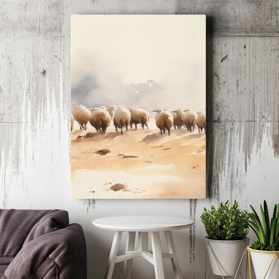Sheep Flock Wall Art | Watercolor Farm Animal Print | Gallery Quality 1.25 inch Canvas | Rustic Country Home Decor Gift
