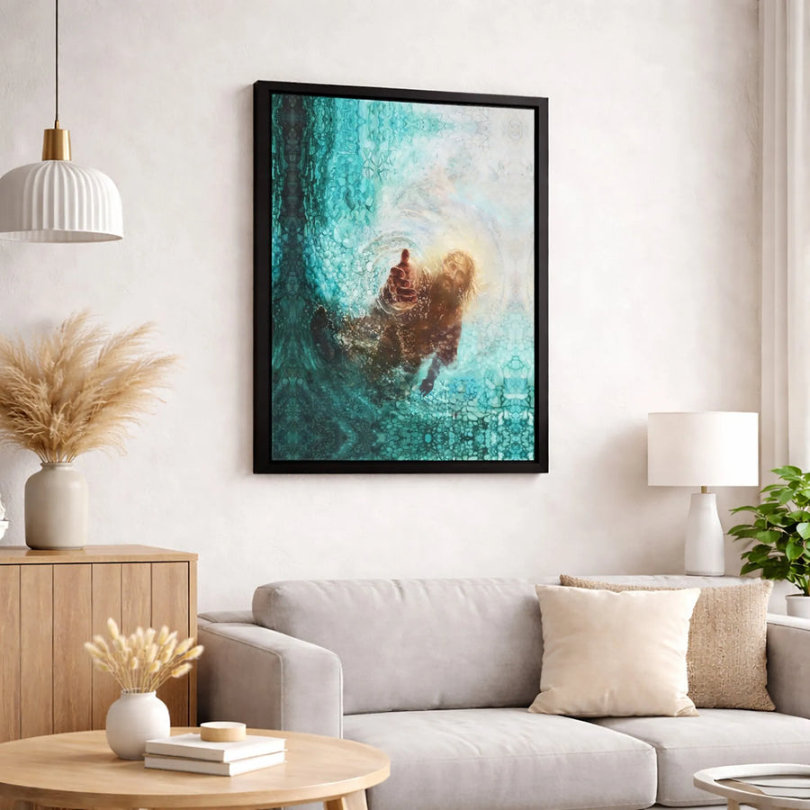 Jesus Reaching Hand From Water Canvas | Christian Wall Art | Premium Gallery-Wrapped Print | Religious Home Decor Gift