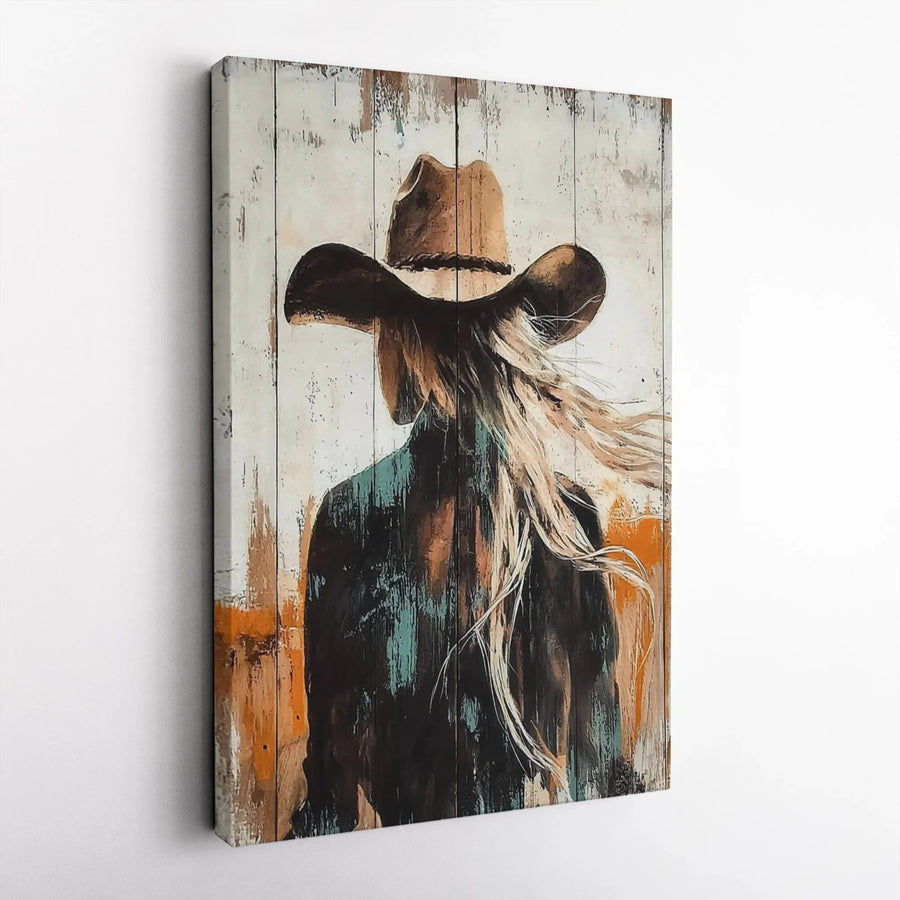 Cowgirl Wall Art Canvas | Abstract Western Portrait with Windy Hair | Premium Gallery Wrapped Print | Rustic Home Decor Gift for Her