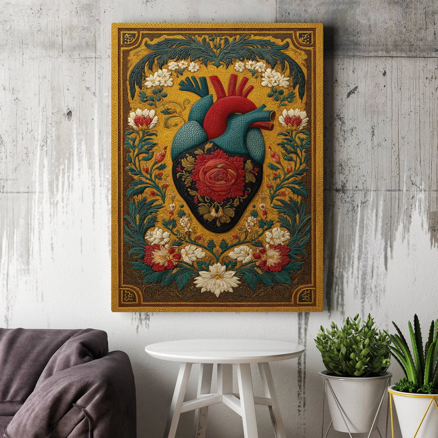 Anatomical Heart Canvas Wall Art | Floral Rose Gold Vintage Illustration | Premium Gallery Wrapped Print | Unique Medical Home Decor Gift