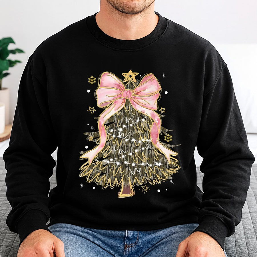 Camo Christmas Tree Sweatshirt | Coquette Pink Bow Graphic | Premium Cotton Blend | Trendy Holiday Gift For Women And Teens