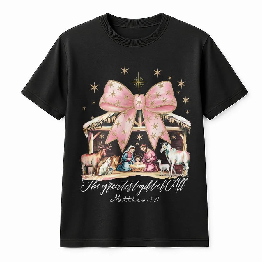 Nativity Scene T-Shirt | Pink Bow Coquette Aesthetic Graphic | Premium Cotton Religious Christmas Tee | The Greatest Gift Of All Christian Gift