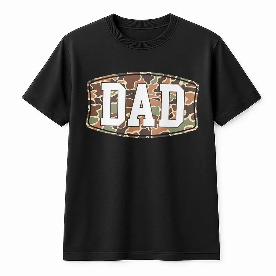Camo Dad T-Shirt Sweatshirt | Camouflage Hunting Print with Large Back Graphic | Premium Cotton-Poly Blend | Father’s Day Gift for Dad, Papa, Outdoorsman