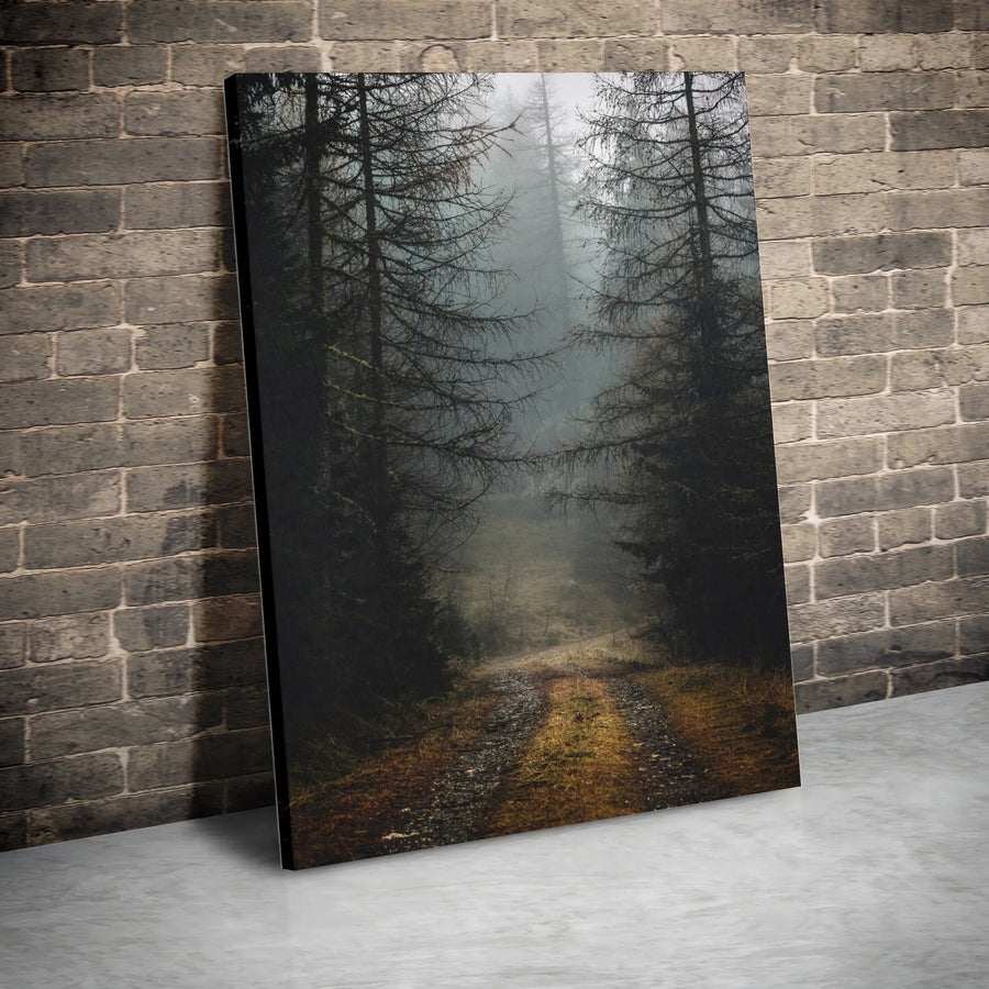 Misty Forest Path Canvas Wall Art | Dark Moody Woodland Landscape | Premium Gallery Wrapped Print | Nature Home Decor Gift For Nature Lovers