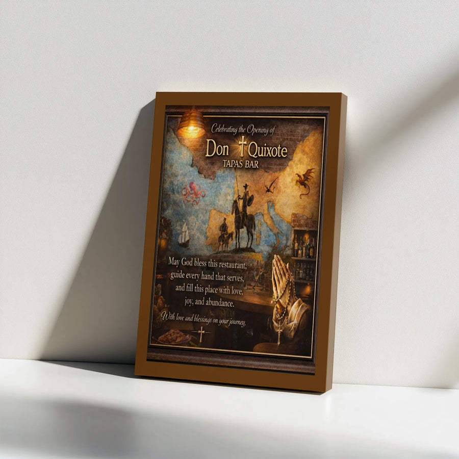 Restaurant Blessing Canvas Wall Art | Don Quixote Vintage Map & Christian Prayer | Premium Stretched Canvas | Grand Opening Gift for New Business