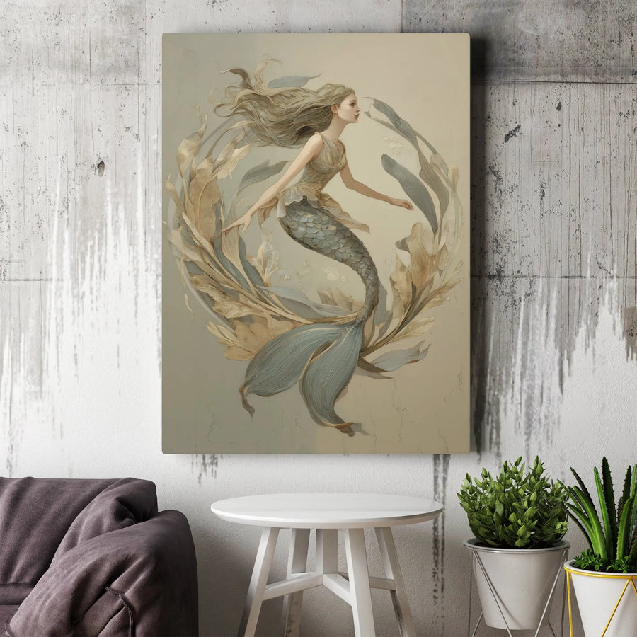 Elegant Mermaid Canvas Wall Art | Vintage Fantasy Illustration | Premium Gallery Wrapped Canvas | Coastal Bathroom & Bedroom Decor Gift