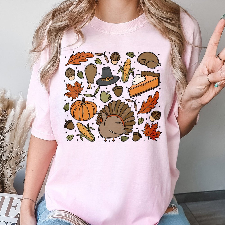 Thanksgiving T-Shirt | Retro Doodle Pumpkin Turkey Fall Design | Premium 100% Cotton Tee | Festive Autumn Holiday Gift for Women