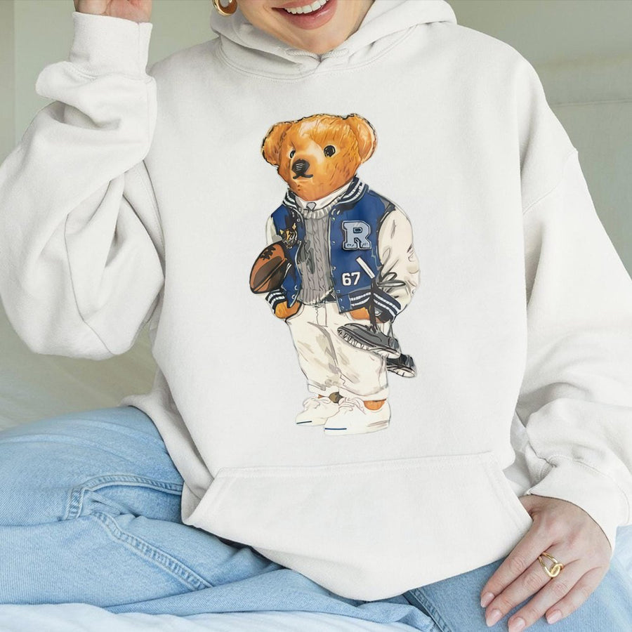 Preppy Varsity Bear Hoodie | Vintage College Style Teddy Graphic | Premium Cotton Blend | Unisex Streetwear Gift for Football Fans