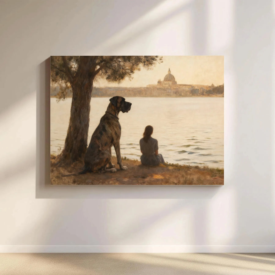Great Dane and Woman Canvas Wall Art | Classical Landscape Oil Painting Print | Premium 1.25 Inch Gallery Wrap | Dog Lover Home Decor Gift